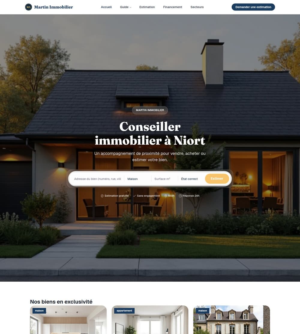 Aperçu d'un site Écosystème Immo côté visiteur